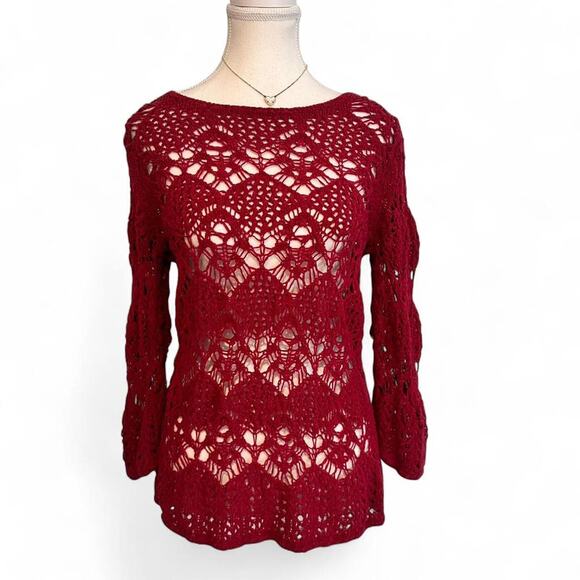 Boho Tops - Red Y2K - Boho Crotchet Layering 3/4 Sleeves Top Size Medium Casual - Bella Swan